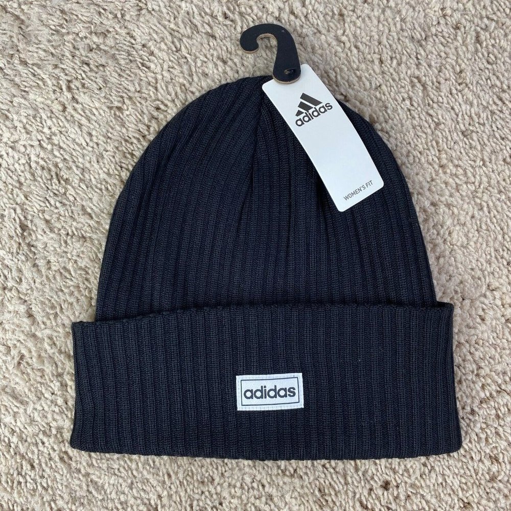 Adidas Women’s‎ Fit Beanie 4”Cuff Fold Black White OSFM Ribbed Knit Cap NWT